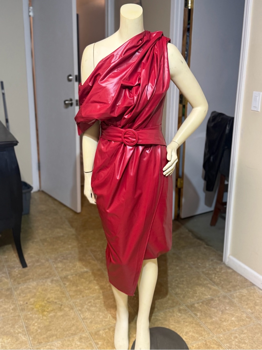 Fashion Nova One-Shoulder Belted Dress in Deep Red
